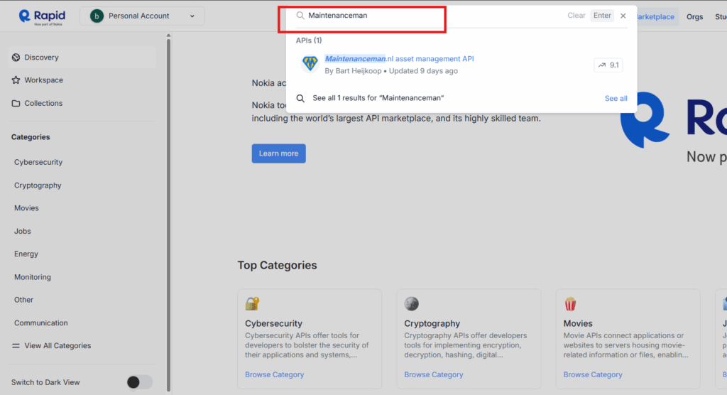 Screenshot of rapid API personal main page